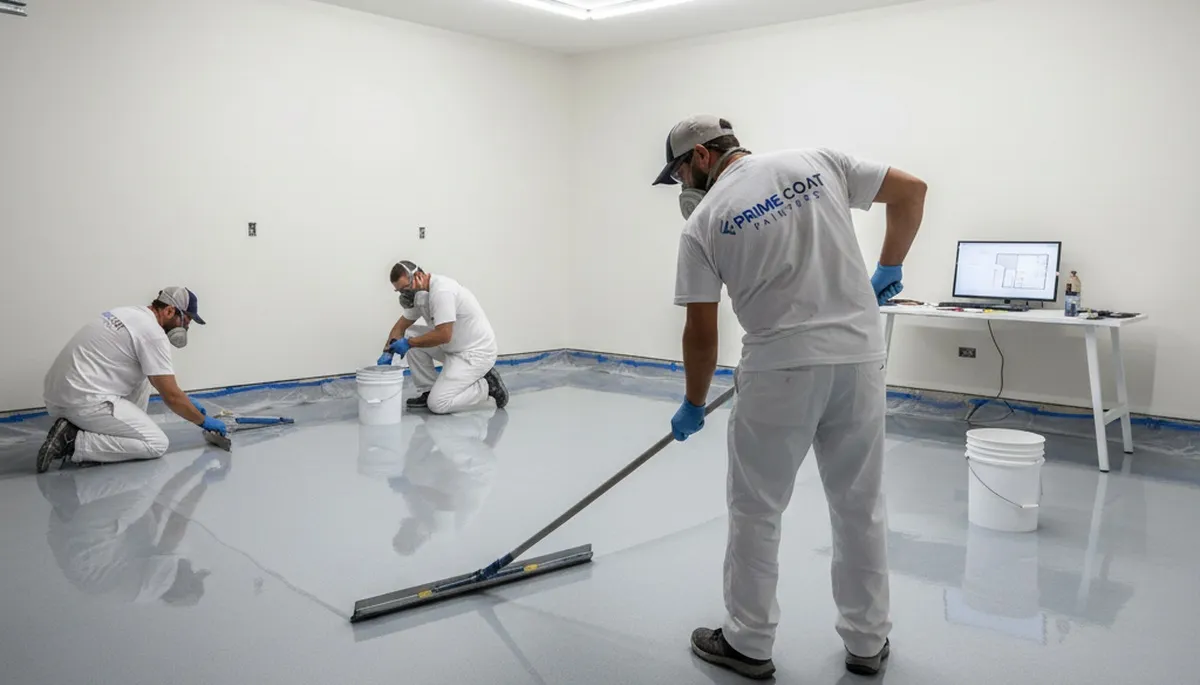 Epoxy floor coating in Fort Collins CO garage by professional painters for durable, sleek finish