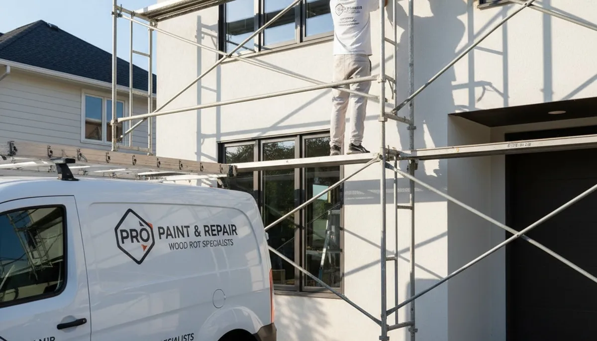 Painter repairing exterior wood rot damage on Fort Collins CO home for long-lasting wood restoration